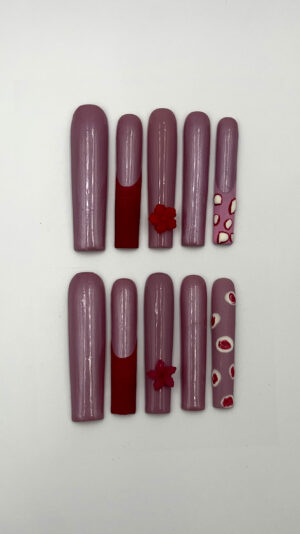 Berry Blossom – Pink & Red Press-On Nails with 3D Flowers & Abstract Art