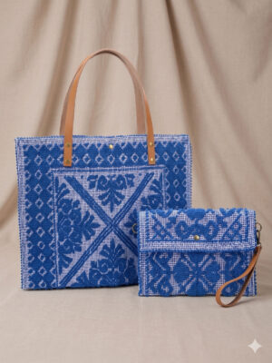 ELLISE "Amalfi Cobalt" Textured Embroidered Cotton Tote Bag & Clutch Matching Set
