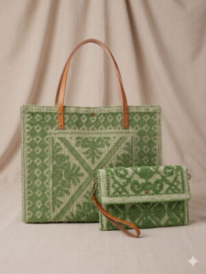ELLISE "Oliva" Textured Embroidered Cotton Tote Bag & Clutch Matching Set