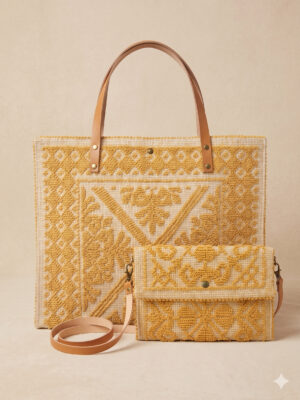 ELLISE Sole Textured Embroidered Cotton Tote Bag & Clutch Matching Set