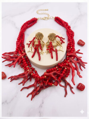 "Nereis" Red Coral Cluster Statement Jewelry Set