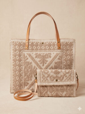 ELLISE Sabbia Textured Embroidered Cotton Tote Bag & Clutch Set