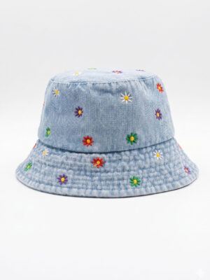 Hand-Embellished Denim Bucket Hat with Embroidered Daisies