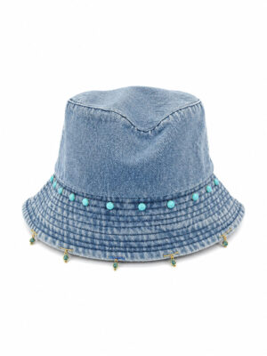 Hand-Embellished Denim Bucket Hat with Turquoise Charms